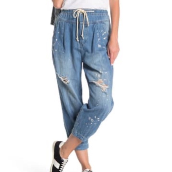 free people mixed up cotton distressed utility jeans